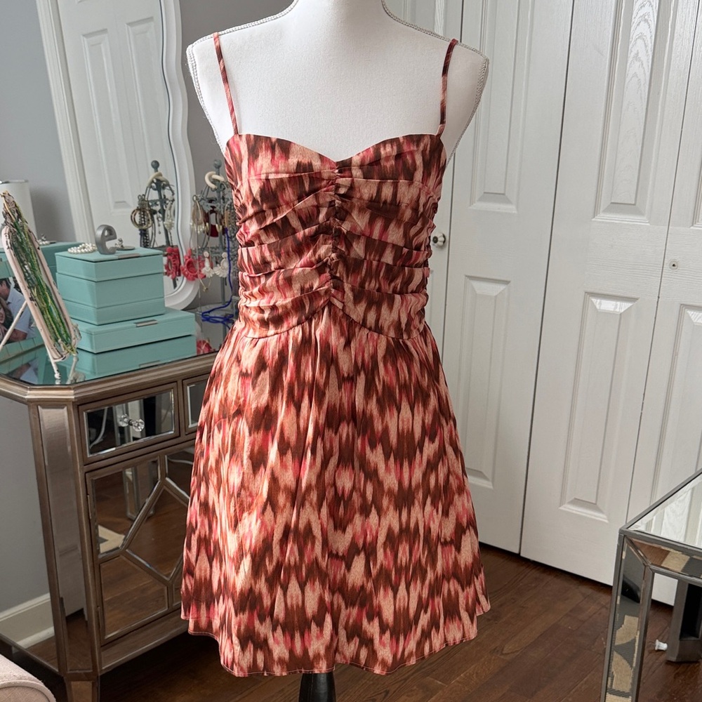 H&M Rust & Print Dress w/ Ruched Bodice Fall Colors Super Cute w/ Denim Jacket S
